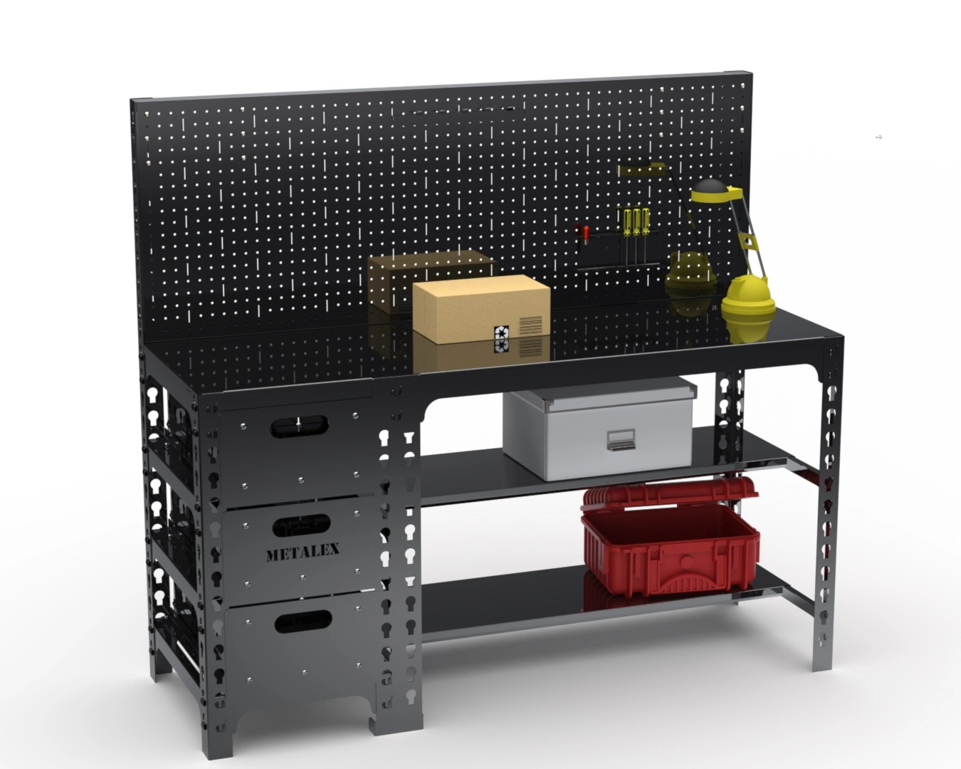 Стол металлический Metalex 750х1600х600 с выдвижными ящиками и перфопанелью (чёрный)