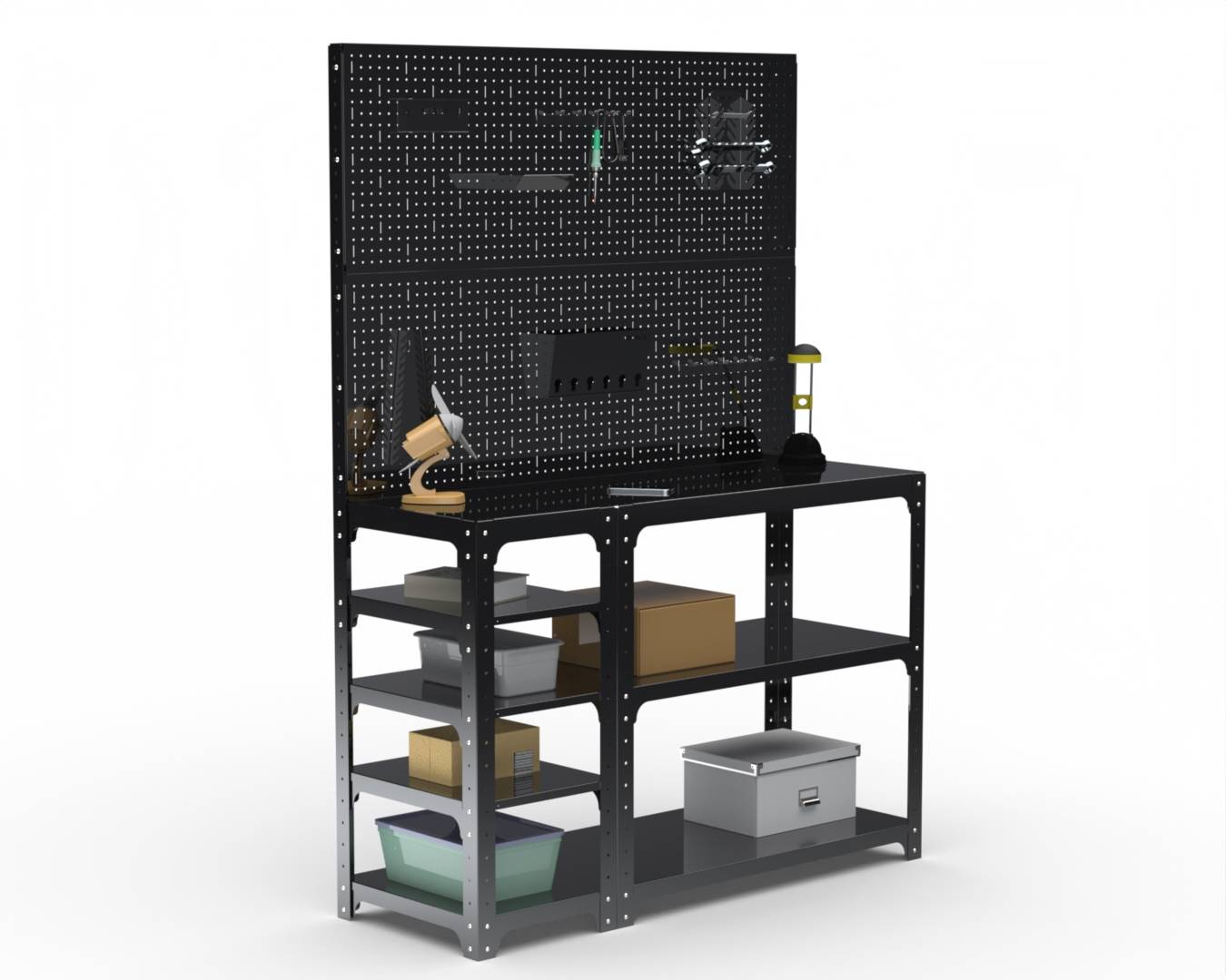 Стол-верстак Metalex серия KIT 950х1800х600 (с бок. полками, двумя перфопанелями и комп. аксессуаров) (черный)