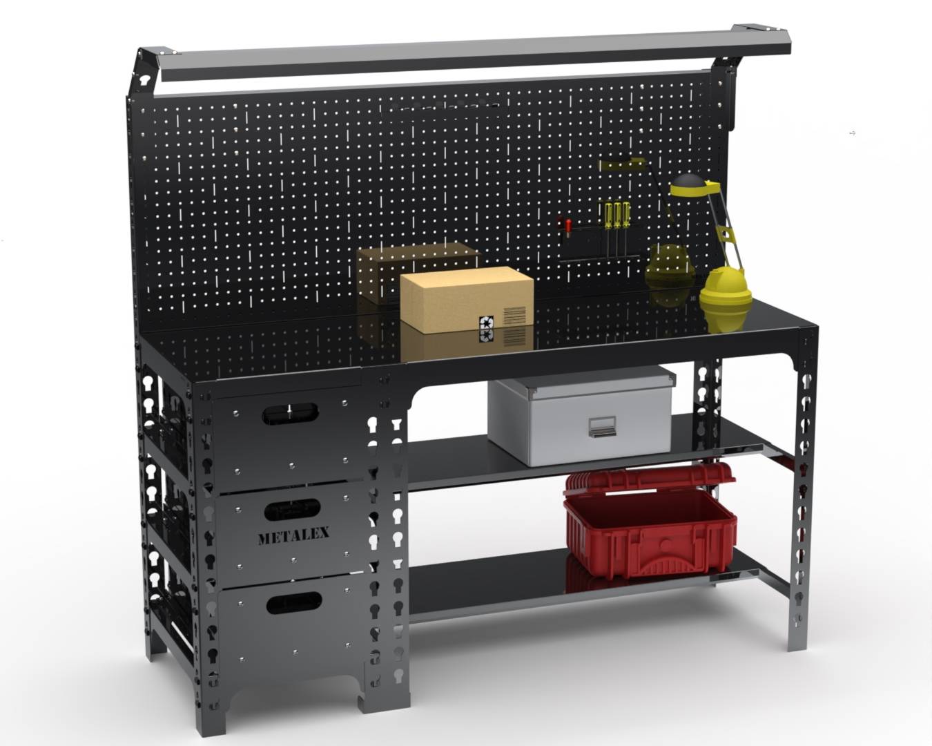 Стол металлический Metalex серия SUN 750х1600х600 (с выдвижными ящиками, перфопанелью и комплектом освещения) чёрный