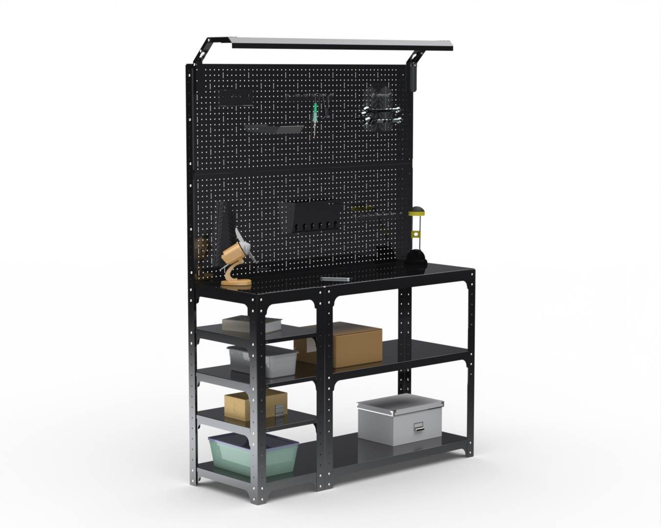 Стол-верстак Metalex серия KIT 950х1800х600 (с бок. полками, 2-мя панелями и комп. освещения) (чёрный)