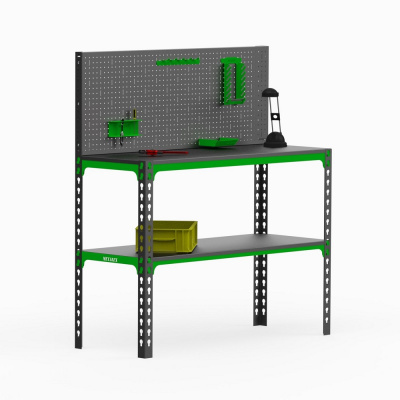 Стол-верстак Metalex 950х1800х600 (одна полка) + перфопанель с комплектом аксессуаров (серый)