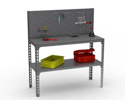 Стол-верстак Metalex 950х1800х600 (одна полка) + перфопанель с комплектом аксессуаров (серый)