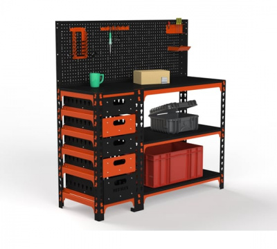 Стол-верстак Metalex c одной тумбой 950х1600х600 + перфопанель с комплектом аксессуаров (серый)