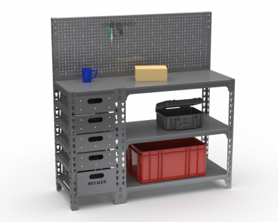 Стол-верстак Metalex c одной тумбой 950х1600х600 + перфопанель с комплектом аксессуаров (серый)