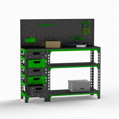 Стол-верстак Metalex c одной тумбой 950х1600х600 + перфопанель с комплектом аксессуаров (серый)