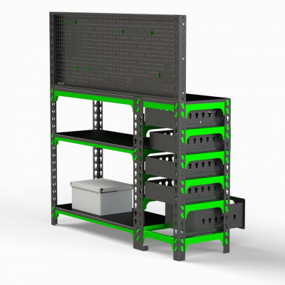 Стол-верстак Metalex c одной тумбой 950х1600х600 + перфопанель с комплектом аксессуаров (серый)